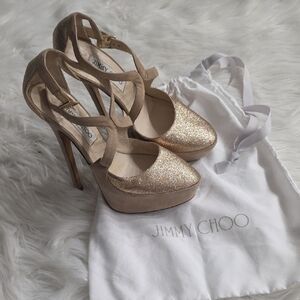 Jimmy Choo Glittering Gold and Tan Heels 36 1/2